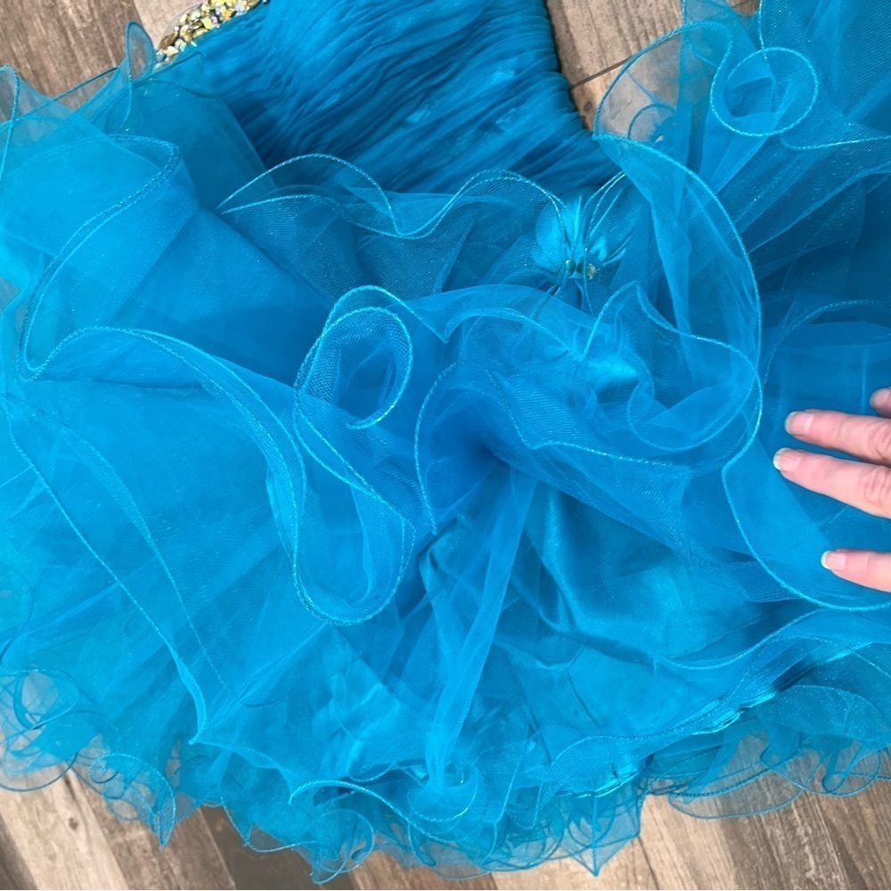 sherri hill 2326 Turquoise size 2 cocktail dress bow Rhinestone Flounce Ruffle - Picture 7 of 15